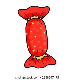 Candy in red wrapper with yellow stars. Vector illustration. Cartoon style
