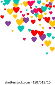 Candy of red, yellow, blue and purple hearts on a white background. Flying confetti from hearts. Valentine's day card.
