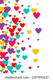 Candy of red, yellow, blue and purple hearts on a white background. Flying confetti from hearts. Valentine's day card.