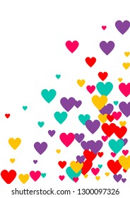 Candy of red, yellow, blue and purple hearts on a white background. Flying confetti from hearts. Valentine's day card.