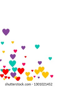 Candy of red, yellow, blue and purple hearts on a white background. Flying confetti from hearts. Valentine's day card.