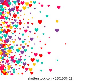 Candy of red, yellow, blue and purple hearts on a white background. Flying confetti from hearts. Valentine's day card.