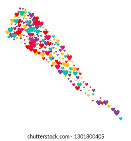 Candy of red, yellow, blue and purple hearts on a white background. Flying confetti from hearts. Valentine's day card.