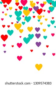 Candy of red, yellow, blue and purple hearts on a white background. Flying confetti from hearts. Valentine's day card.