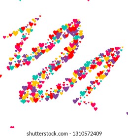 Candy of red, yellow, blue and purple hearts on a white background. Flying confetti from hearts. Valentine's day card.