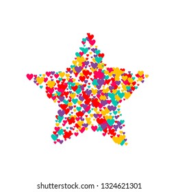 Candy of red, yellow, blue and purple hearts on a white background. Flying confetti from hearts. Valentine's day card.