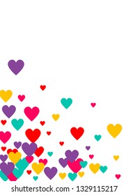 Candy of red, yellow, blue and purple hearts on a white background. Flying confetti from hearts. Valentine's day card.