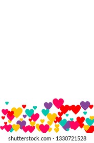 Candy of red, yellow, blue and purple hearts on a white background. Flying confetti from hearts. Valentine's day card.