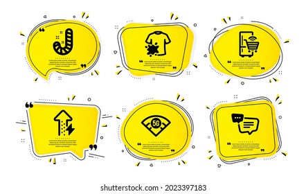 Candy, Refrigerator and Dirty t-shirt icons simple set. Yellow speech bubbles with dotwork effect. 5g wifi, Energy growing and Text message signs. Lollypop, Fridge shopping, Laundry shirt. Vector