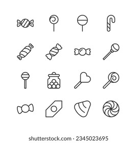 iconos de línea relacionados con los dulces. Conjunto de objetos lineales vectoriales. 48x48 Pixel Perfecto con trazo editable