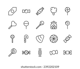 iconos de línea relacionados con los dulces. Conjunto de objetos lineales vectoriales. 48x48 Pixel Perfecto con trazo editable