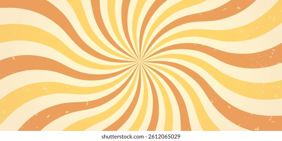 Candy retro color sunburst background. Orange yellow cream sunbeams design wallpaper. Groovy caramel psychedelic banner, Twirl carnival poster