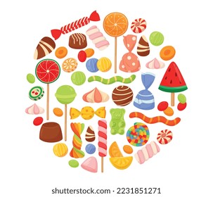 Candy in round shape. Collection of desserts and delicacies, sweets icons. Tasty but unhealthy food, caramel. Company logotype. Cartoon flat vector illustrations isolated on white background
