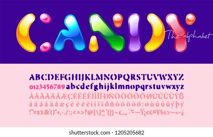 Candy Sans Serif Font. Stylized modern alphabet for branding projects, children' books titles, notebooks, brochures, advertising, homeware design, packaging, magazines, posters, flyers. Vector