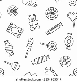 Candy seamless background. Sweet pattern with caramel, lollipop, sweets, candy cane, chocolate, bear. Black line vector illustration.