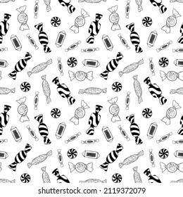 Candy seamless pattern. Black doodles on white background. Vector illustration.