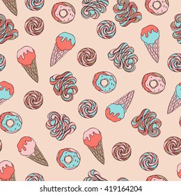 Candy seamless pattern with ice cream cones, lollipops, and donuts.