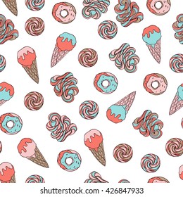 Candy seamless pattern with ice cream cones, lollipops, and donuts.