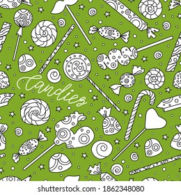 Candy seamless pattern with lettering. Coloring. Vector illustration.