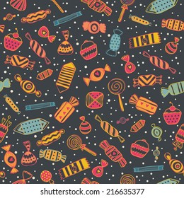 Candy seamless pattern on dark background. Sweet vector illustration