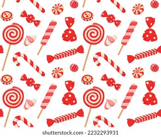 Candy seamless pattern. Repeating image for printing on wrapping paper. Dessert and delicacy, holiday and festival symbol. Sweets and sugar. Junk, but tasty food. Cartoon flat vector illustration