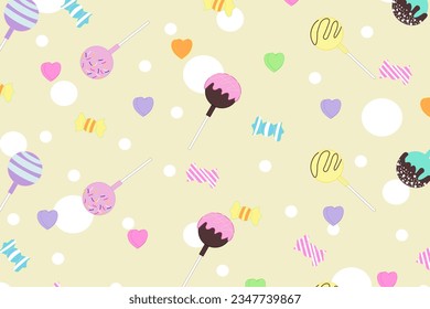  Candy seamless pattern. Sweet background with lollipop, sweets,Colorful tasty vector illustration. wrapping paper gift, backdrop, greeting card or background.