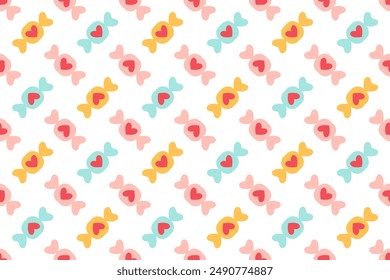 Candy seamless pattern. Sweet background with lollipop, sweets, caramel, colorful candies. Hand drawn trendy flat style yellow, pink and blue candies. Repeatable candy pattern. Vector illustration