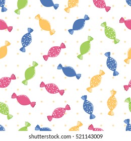 Candy seamless pattern.Candies in colorful wrappers isolated on white background.Sweet food. 