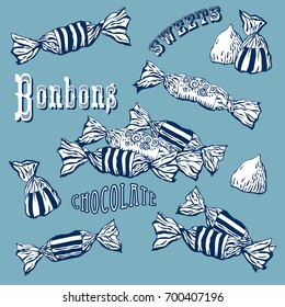 Candy set: collection of highly detailed hand drawn candies. Vintage style. All candies - customizable different objects.