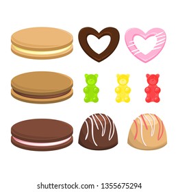 Candy set. Collection of sweet dessert. Cookies and cake, marmalade, jelly bear. Orange and green, pink candies. Vector illustration in cartoon style