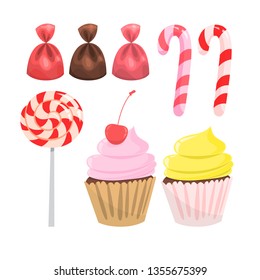 Candy set. Collection of sweet dessert. Lollipop and caramel. Orange and pink candies. Vector illustration in cartoon style