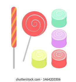 Candy set. Collection of sweet dessert. Lollipop and caramel. Orange and pink candies. Vector illustration in cartoon style