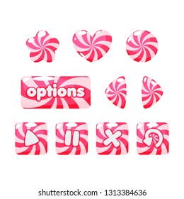 Candy set of different shapes, cartoon glossy buttons illustration. Essential interface elements for game user interface. Vector template for gui design, graphic kit for mobile app, web development.
