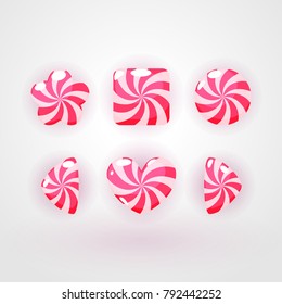 Candy set of different shapes, cartoon glossy colorful sweets illustration. Vector game asset for gui design, graphic kit for game ui development on white background.