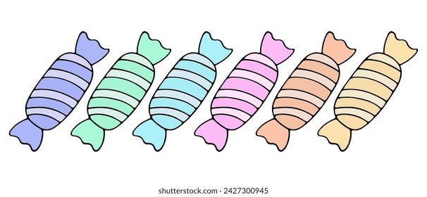 Candy set. The elongated candy is wrapped in a striped wrapper. A collection of chocolate treats in colorful wrappers. Color vector illustration. Isolated background. Cartoon style. 