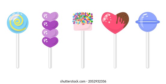 Candy set flat cartoon on a stick. Marshmallows with colored sprinkles, heart in chocolate glaze and purple valentine shape, round candy with a spiral inside, blue lollipop. Bonbon sweets collection