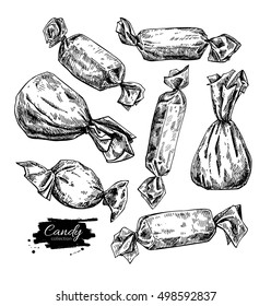 Candy set in hand drawn style. Vector isolated illustration. Sweet food detailed sketch.