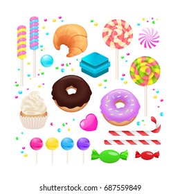 Candy set isolated on white. Vector illustration. Candy, croissant, donut, cupcake, lollipop, caramel and marmalade