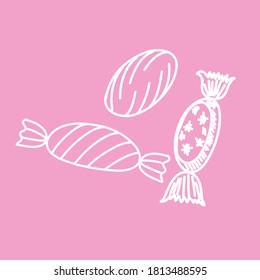 The candy set is isolated, with a white outline on a colored background. Vector illustration in a hand-drawn style. Sweets for children and decorations for cards or greetings.