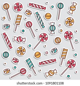 Candy set linear lollipops with sprinkles, spiral and caramel colorful sweets vector illustration. Patch badges. Vector stickers, pins for candy shop