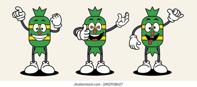 Candy set mascot of 70s groovy. Collection of cartoon,retro, groovy characters. Vector illustration.