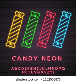 Candy Set Neon Light Glowing Vector Illustration with Alphabet Neon Light Red Bright