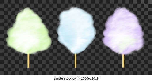 Сotton candy set. Realistic green, blue, purple cloud of sugar on a wooden stick. 3D vector. Realistic illustration isolated on transparent background.