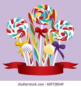 Candy set of sweets of various shapes on a stick with bows. Vector illustration.