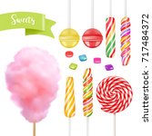 Candy set. Swirl caramel, cotton candy, sweet lollipop. 3d vector icon