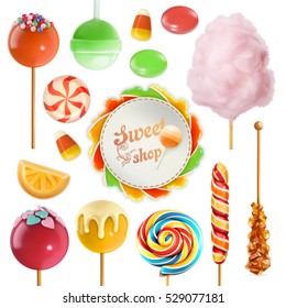 Candy Set. Swirl Caramel. Cotton Candy. Sweet Lollipop. 3d Vector Icon