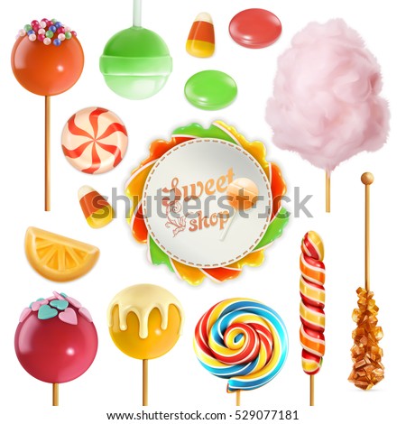 Candy set. Swirl caramel. Cotton candy. Sweet lollipop. 3d vector icon