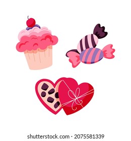 Candy set for Valentine's Day. Vector hand drawn ollustration of candy box, cupcake and sweets. Sweet dessert for February 14