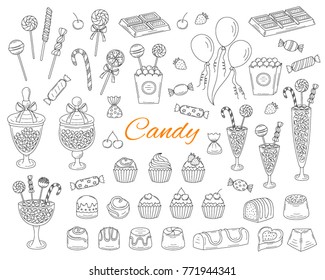 Candy set vector hand drawn doodle illustration.  Different types of sweets, candies, lollipops, sweetmeats, chocolates, glass candy jars,  isolated on white background.