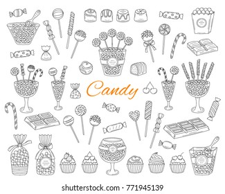 Candy set vector hand drawn doodle illustration.  Different types of sweets, candies, lollipops, sweetmeats, chocolates, glass candy jars,  isolated on white background.